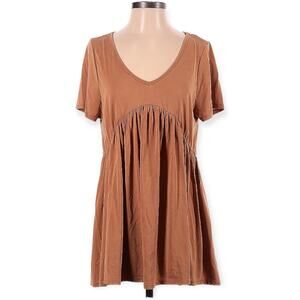 I Joah Babydoll Tunic Mini Dress V-Neck Short Sleeve Casual Rust Brown Women's S